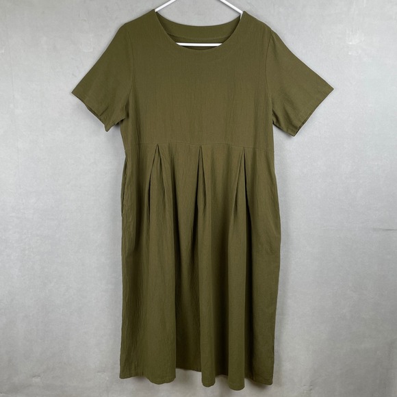 Dresses & Skirts - Olive Green Empire Waist‎ Pleated Peasant Cottage Midi Dress Pockets S/S Lagen M